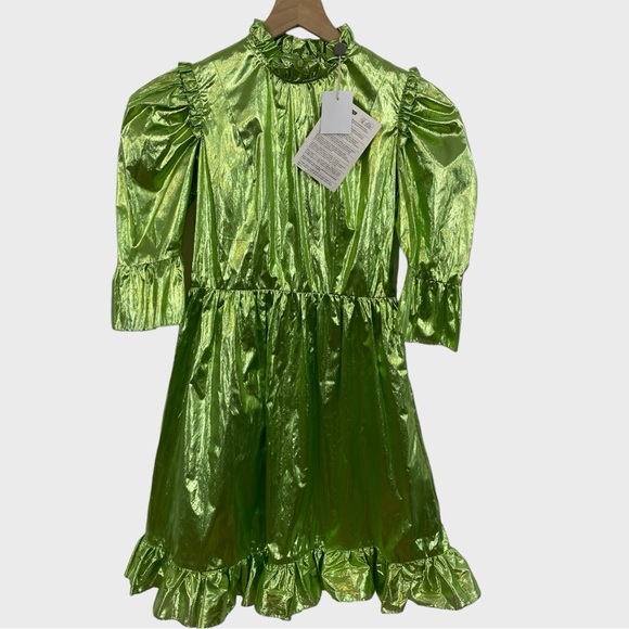 Batsheva NWT Metallic Green Ruffled Mini Dress with Pockets Size 2 - Picture 2 of 11